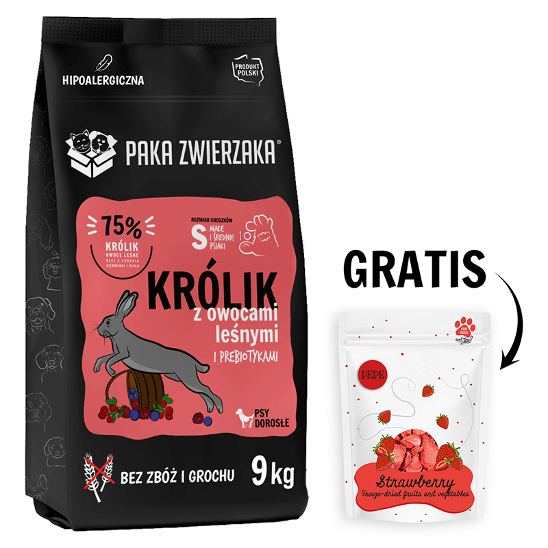 Paka Zwierzaka Karma sucha Seventh Heaven Królik z owocami leśnymi S 9 kg + Truskawka Liofilizowana Przysmak dla psa 20 g GRATIS