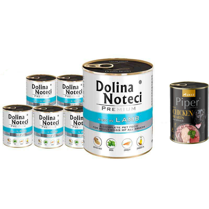 Mokra karma dla psa Dolina Noteci Premium bogata w jagnięcinę zestaw 6 x 800 g + gratis Piper Animals z przepiórką 400 g