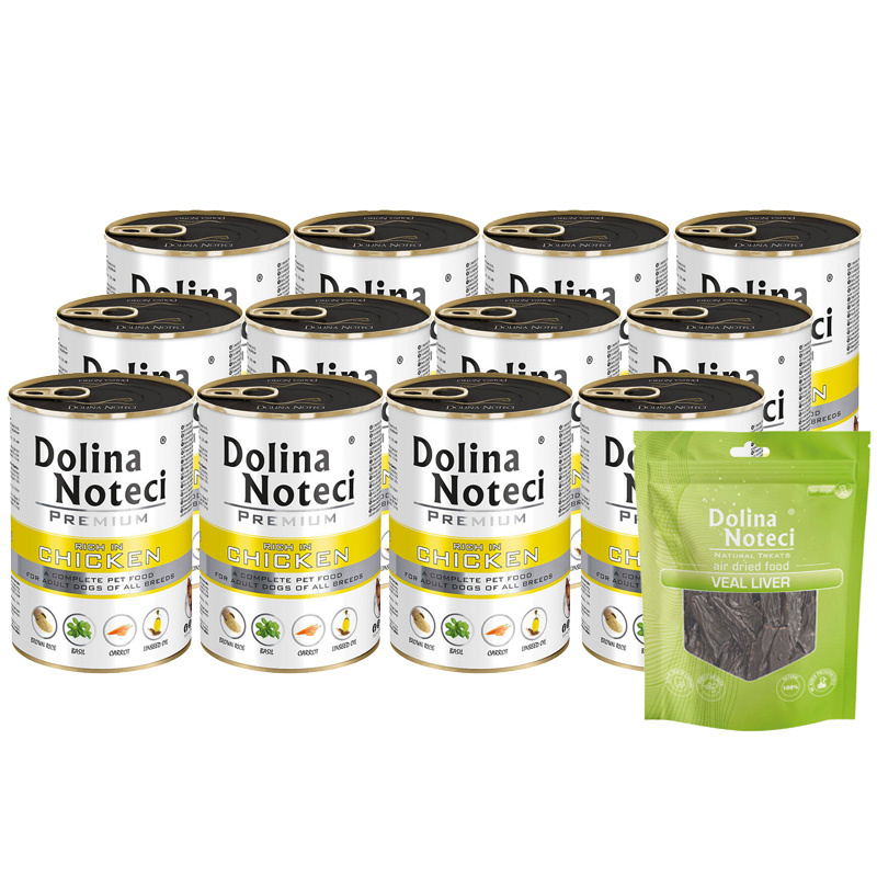 Mokra karma dla psa Dolina Noteci Premium bogata w kurczaka zestaw 12 x 400 g + gratis Piper Animals z przepiórką 400 g