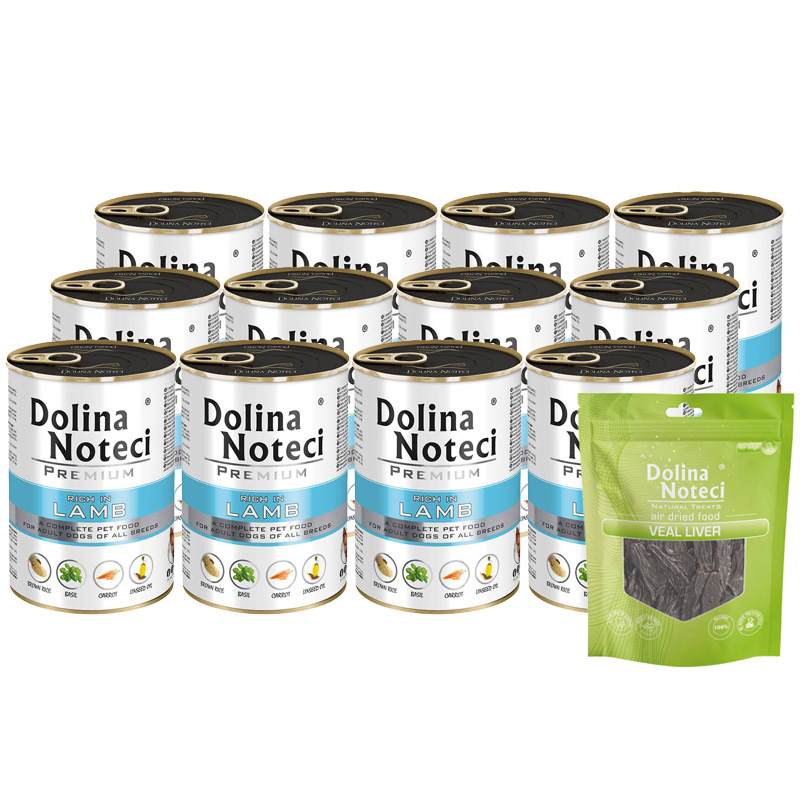 Mokra karma dla psa Dolina Noteci Premium bogata w jagnięcinę zestaw 12 x 400 g + gratis Piper Animals z przepiórką 400 g
