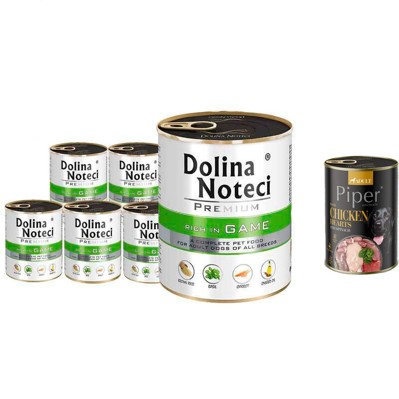 Mokra karma dla psa Dolina Noteci Premium bogata w dziczyznę zestaw 6 x 800 g + gratis Piper Animals z przepiórką 400 g