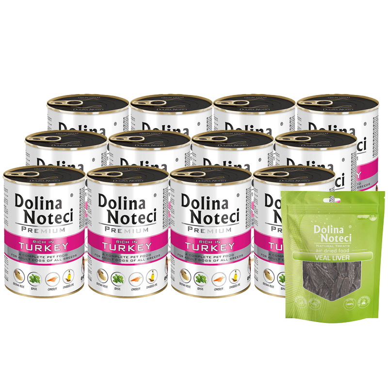 Mokra karma dla psa Dolina Noteci Premium bogata w indyka zestaw 12 x 400 g + gratis Piper Animals z przepiórką 400 g