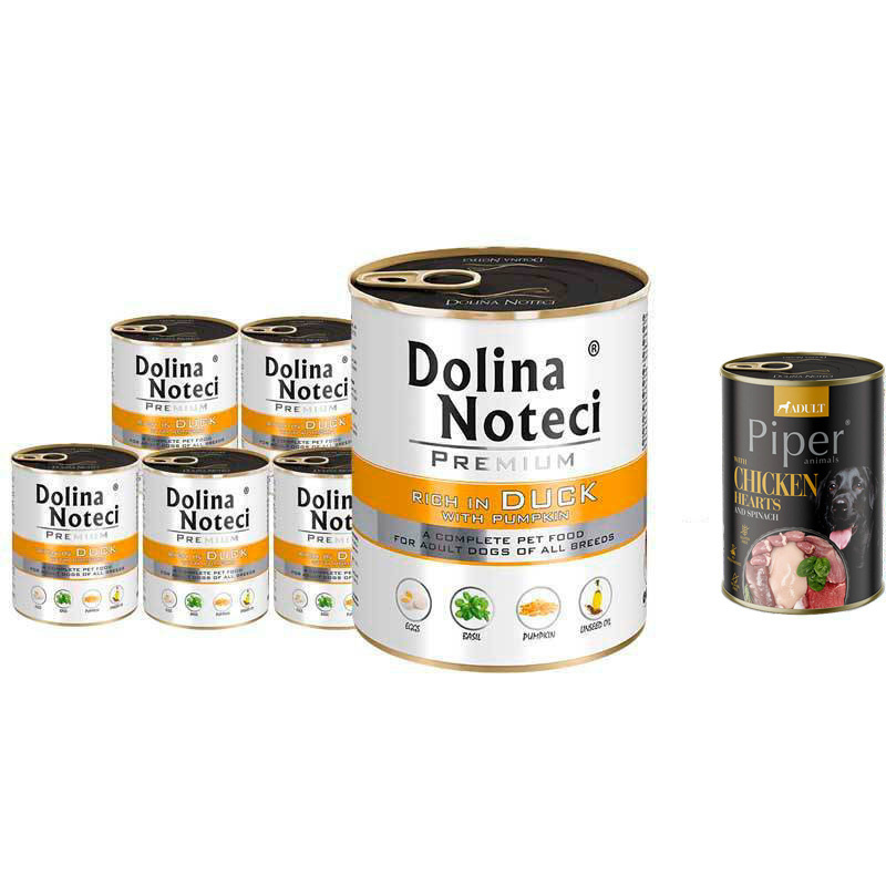 Mokra karma dla psa Dolina Noteci Premium bogata w kaczkę z dynią zestaw 6 x 800 g + gratis Piper Animals z przepiórką 400 g
