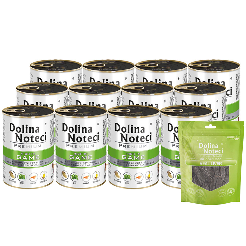 Mokra karma dla psa Dolina Noteci Premium bogata w dziczyznę zestaw 12 x 400 g + gratis Piper Animals z przepiórką 400 g
