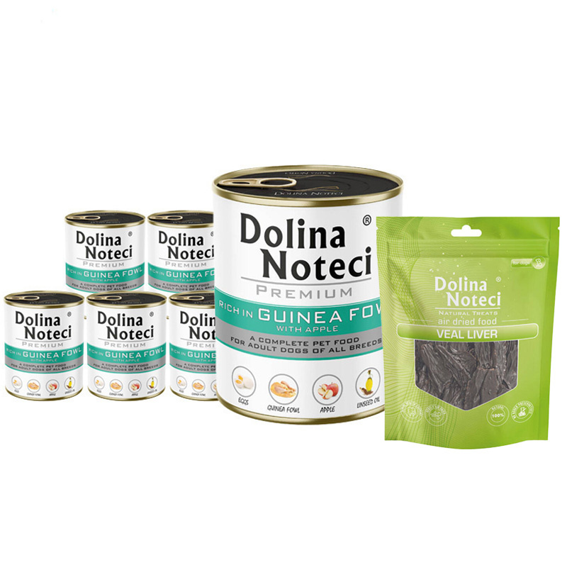 Mokra karma dla psa Dolina Noteci Premium bogata w perliczkę z jabłkiem zestaw 6 x 800 g + gratis Piper Animals z przepiórką 400 g