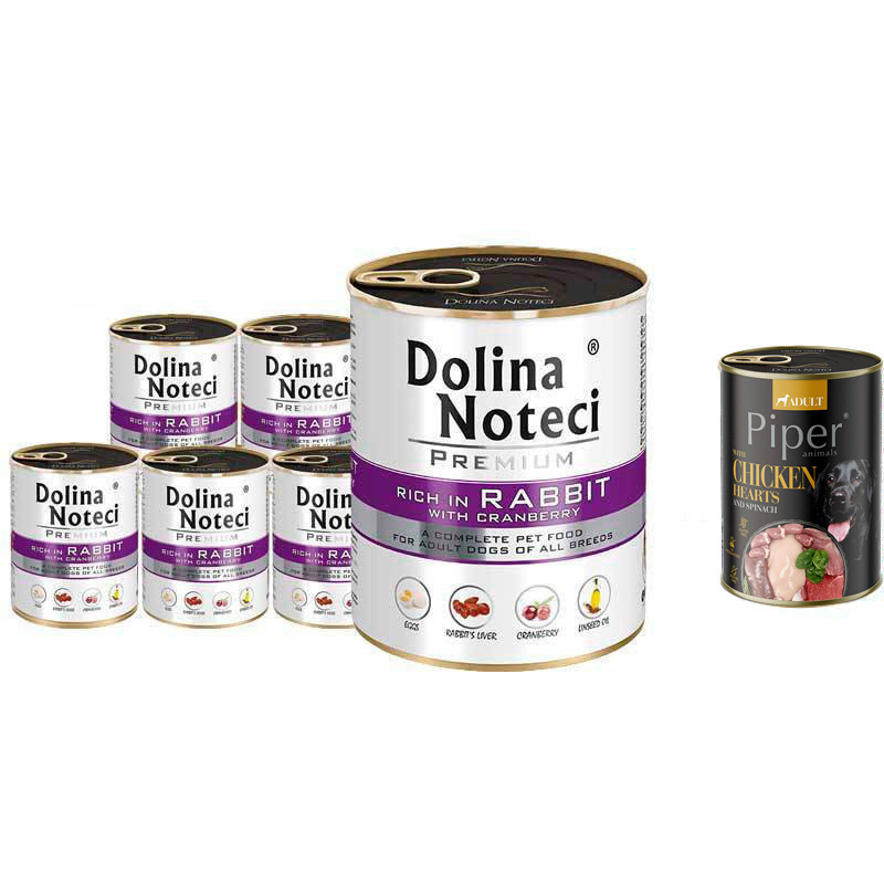 Mokra karma dla psa Dolina Noteci Premium bogata w królika z żurawiną zestaw 6 x 800 g + gratis Piper Animals z przepiórką 400 g