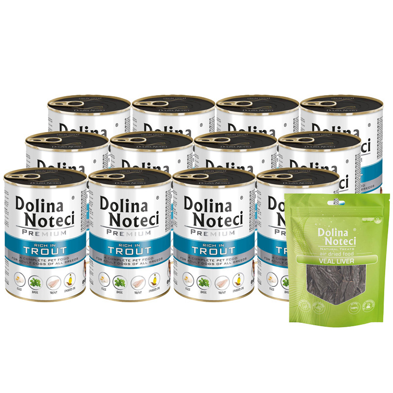 Mokra karma dla psa Dolina Noteci Premium bogata w pstrąga zestaw 12 x 400 g + gratis Piper Animals z przepiórką 400 g
