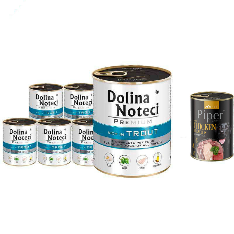 Mokra karma dla psa Dolina Noteci Premium bogata w pstrąga zestaw 6 x 800 g + gratis Piper Animals z przepiórką 400 g