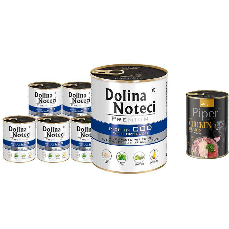 Mokra karma dla psa Dolina Noteci Premium bogata w dorsza z brokułami zestaw 6 x 800 g + gratis Piper Animals z przepiórką 400 g