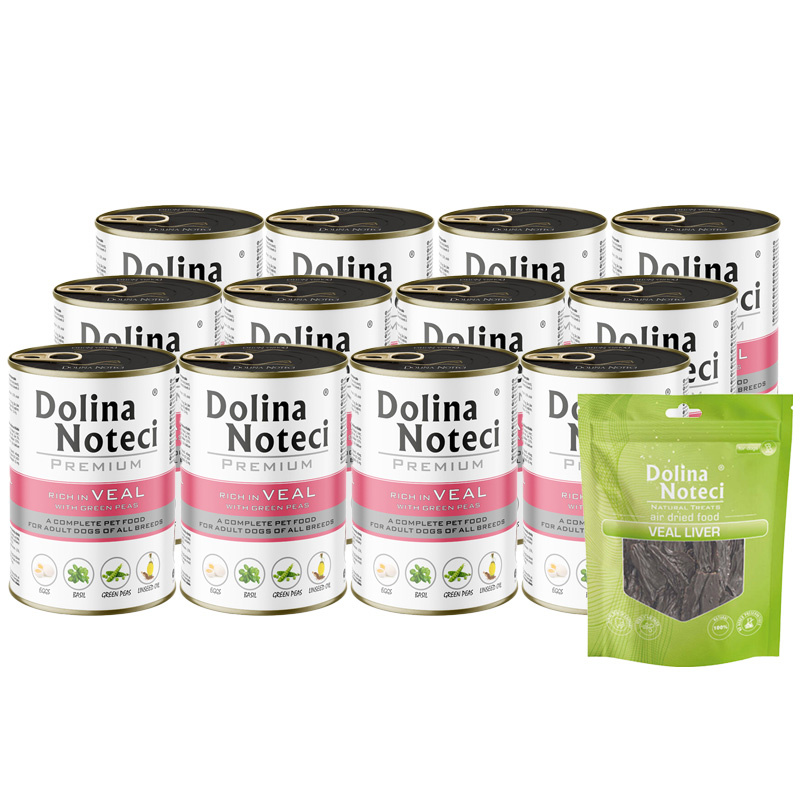 Mokra karma dla psa Dolina Noteci Premium bogata w cielęcinę z zielonym groszkiem zestaw 12 x 400 g + gratis Piper Animals z przepiórką 400 g