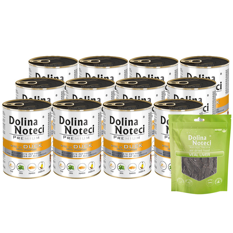Mokra karma dla psa Dolina Noteci Premium bogata w kaczkę z dynią zestaw 12 x 400 g + gratis Piper Animals z przepiórką 400 g