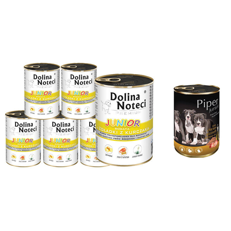 Mokra karma dla psa junior Dolina Noteci Premium bogata w żołądki z kurczaka zestaw 12 x 400 g + gratis Piper junior z żołądkami kurczaka i ryżem 40