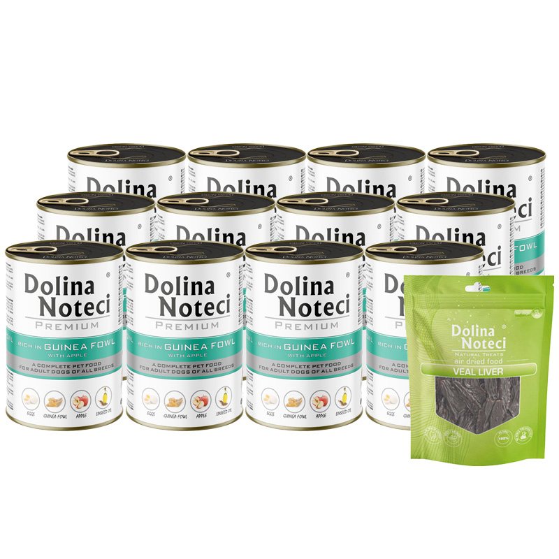 Mokra karma dla psa Dolina Noteci Premium bogata w perliczkę z jabłkiem zestaw 12 x 400 g + gratis Piper Animals z przepiórką 400 g