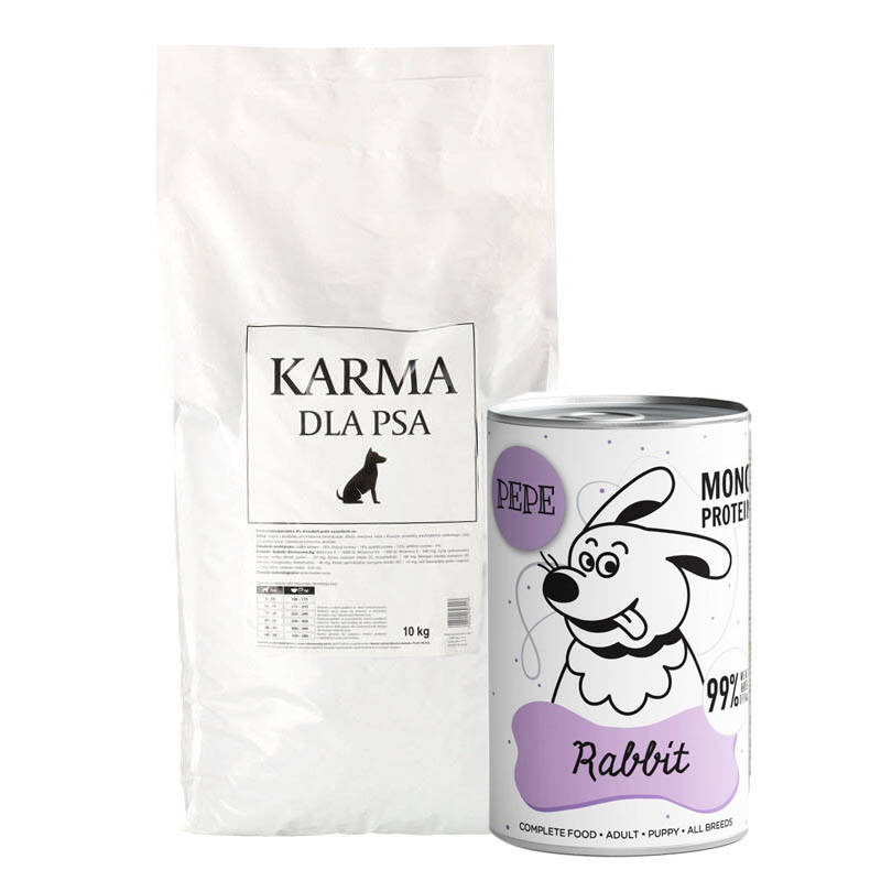 Sucha karma pełnoporcjowa dla psa dorosłego wszystkich ras 10 kg + Paka Zwierzaka Karma mokra PEPE Rabbit (królik) 400g