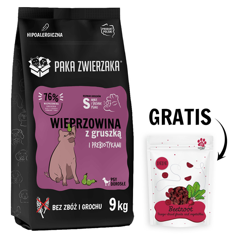 Paka Zwierzaka Seventh Heaven Karma sucha dla psa wieprzowina z gruszką S 9 kg + Burak Liofilizowany Przysmak dla psa 25 g GRATIS