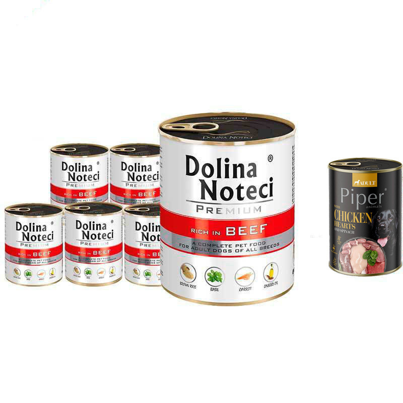 Mokra karma dla psa Dolina Noteci Premium bogata w wołowinę zestaw 6 x 800 g + gratis Piper Animals z przepiórką 400 g