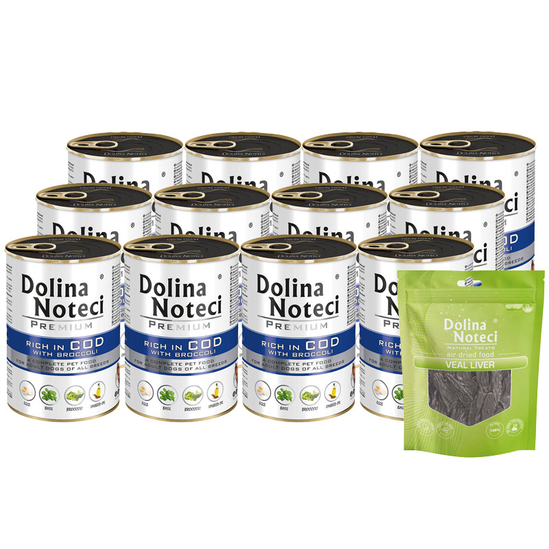 Mokra karma dla psa Dolina Noteci Premium bogata w dorsza z brokułami zestaw 12 x 400 g + gratis Piper Animals z przepiórką 400 g