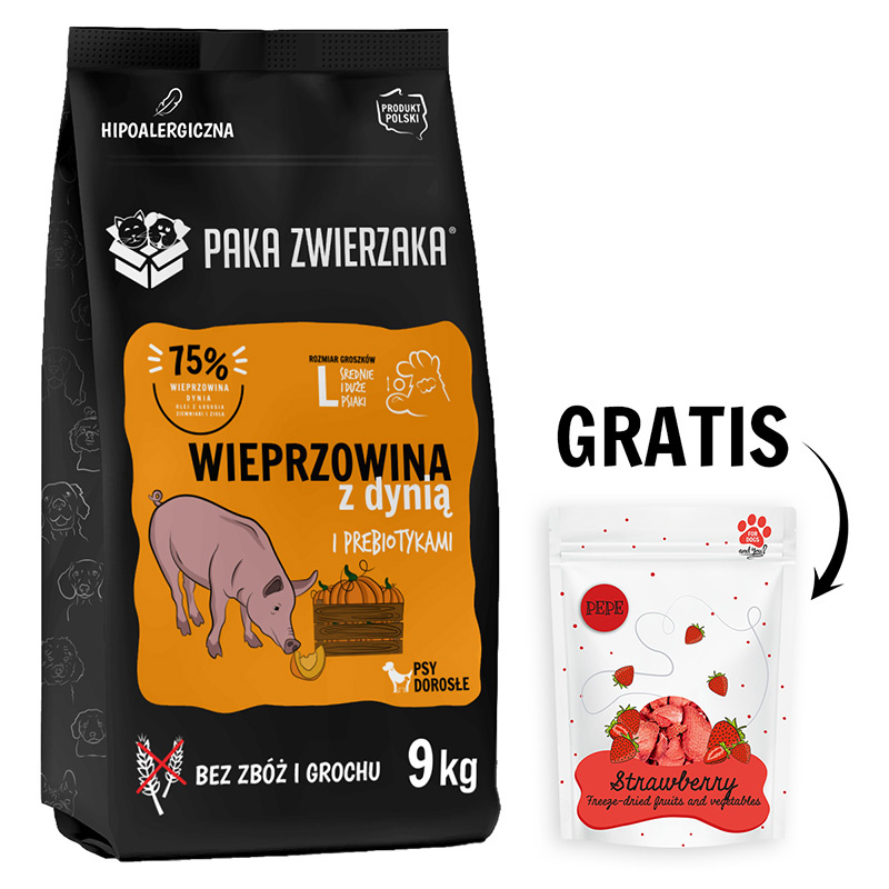 Paka Zwierzaka Seventh Heaven Karma sucha dla psa wieprzowina z dynią L 9 kg + Truskawka Liofilizowana Przysmak dla psa 20 g GRATIS