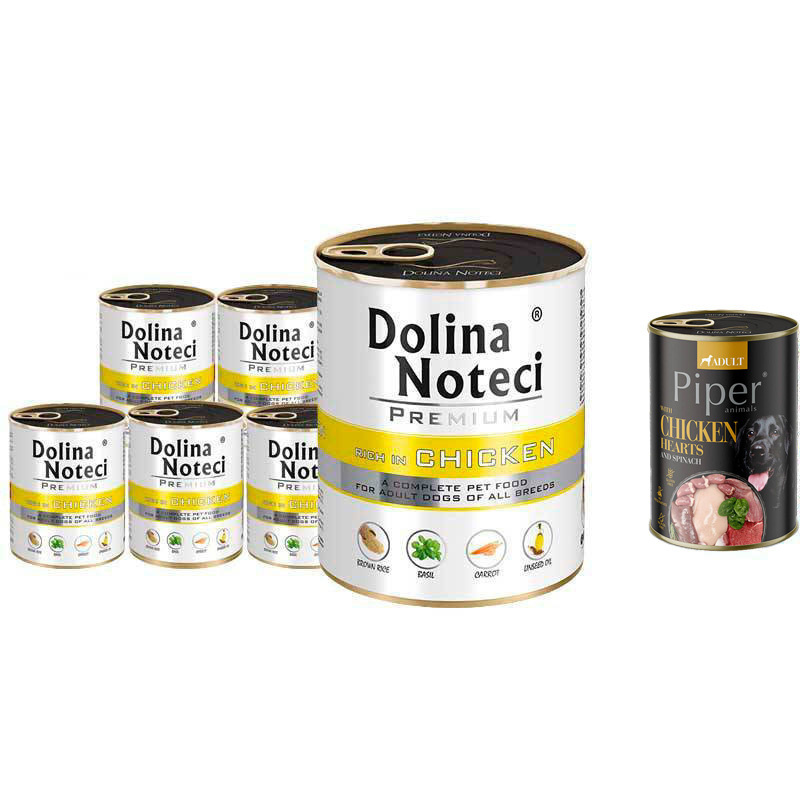 Mokra karma dla psa Dolina Noteci Premium bogata w kurczaka zestaw 6 x 800 g + gratis Piper Animals z przepiórką 400 g