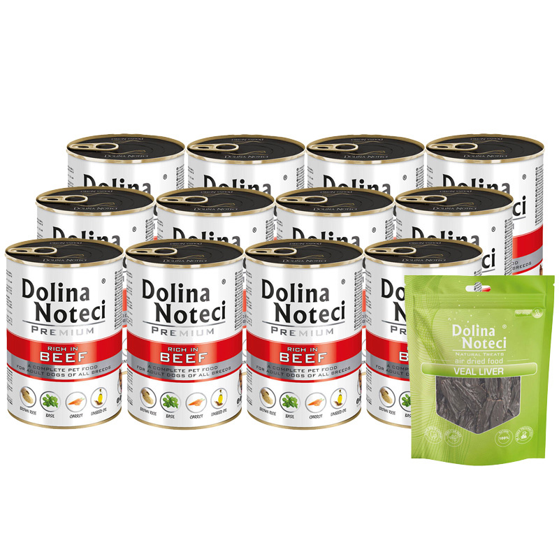 Mokra karma dla psa Dolina Noteci Premium bogata w wołowinę zestaw 12 x 400 g + gratis Piper Animals z przepiórką 400 g