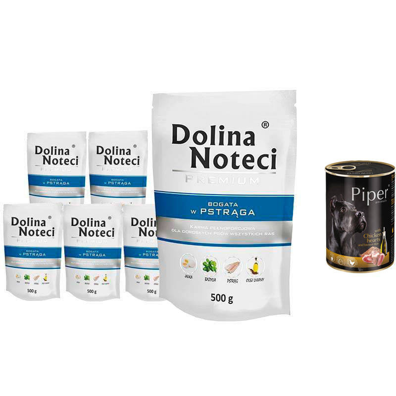Mokra karma dla psa Dolina Noteci Premium bogata w pstrąga zestaw 10 x 500 g + gratis Piper Animals z sercami kurczaka i ryżem 400 g