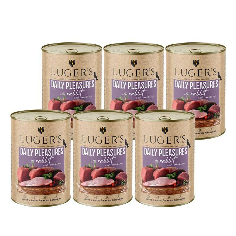Karma mokra dla psa Luger's daily pleasures z królikiem i żurawiną zestaw 6 x 400 g