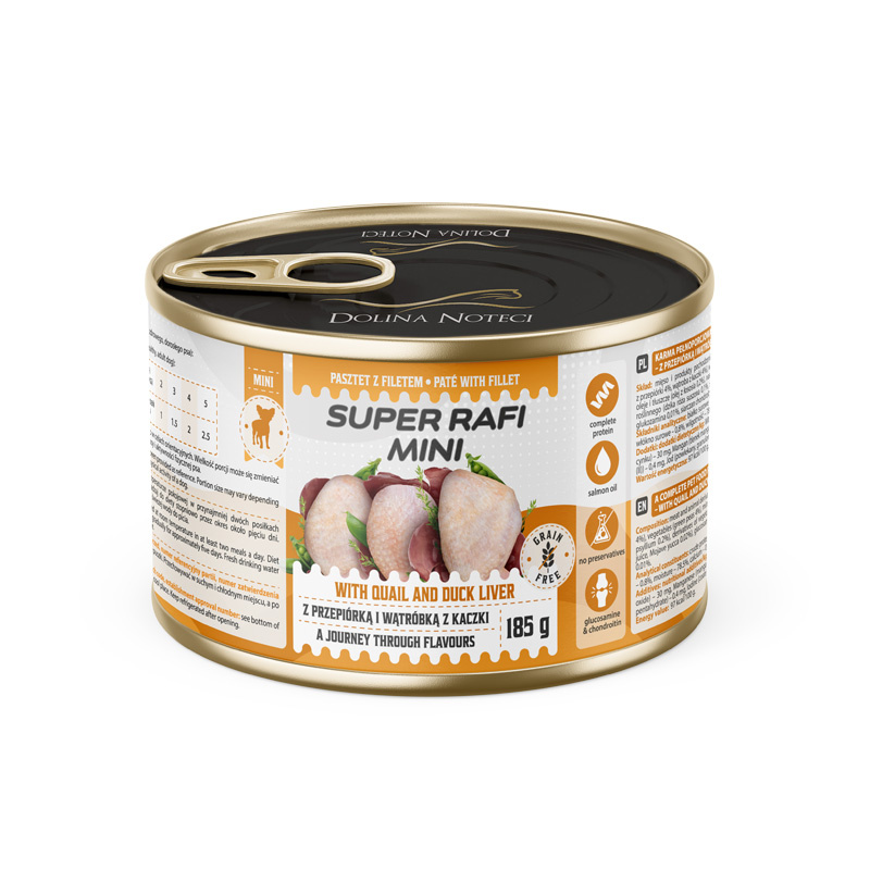 Super Rafi Mini Mokra karma dla psów małych ras z przepiórką i wątróbką z kaczki 185 g