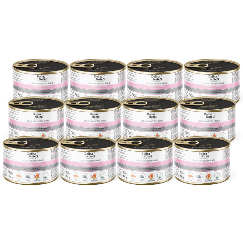 Mokra karma dla psów małych ras Dolina Noteci Premium z indykiem, batatem i borówką zestaw 12 x 185 g