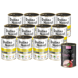 Mokra karma dla psa Dolina Noteci Premium bogata w kurczaka zestaw 12 x 400 g + Piper Animals z indykiem i brokułem 400 g Gratis