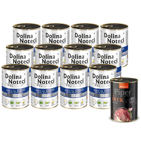 Mokra karma dla psa Dolina Noteci Premium bogata w dorsza z brokułami zestaw 12 x 400 g + Piper Animals z kaczką i gruszką 400 g Gratis