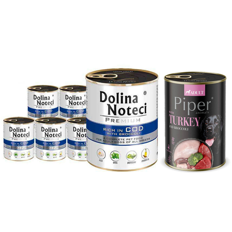 Mokra karma dla psa Dolina Noteci Premium bogata w dorsza z brokułami zestaw 6 x 800 g + Piper Animals z indykiem i brokułem 400 g Gratis