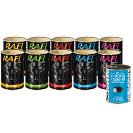 Mokra karma dla psa Rafi Classic Mix 10 x 1240 g + gratis Natural Taste Czarna Owca – danie z jagnięciny 400g