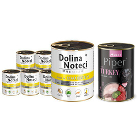 Mokra karma dla psa Dolina Noteci Premium bogata w kurczaka zestaw 6 x 800 g + Piper Animals z indykiem i brokułem 400 g Gratis