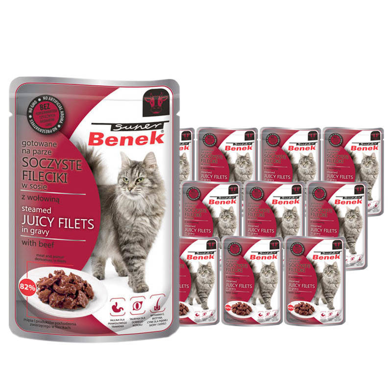 Super Benek Fileciki dla kota w sosie z wołowiną karma mokra zestaw 12 x 85 g