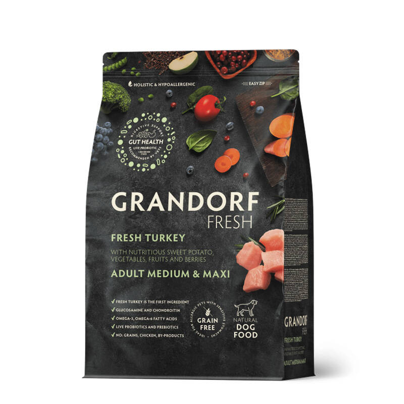 Grandorf Dog Fresh Turkey Medium & Maxi Karma sucha dla psów średnich i dużych ras o wrażliwym układzie pokarmowym Indyk 3kg