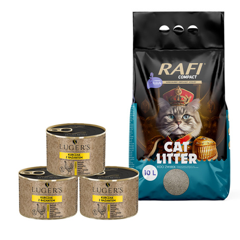 Karma mokra dla kotów Luger’s kurczak z bażantem 3 x 185 g + Rafi Zbrylający żwirek o zapachu lawendy Compact 10 l