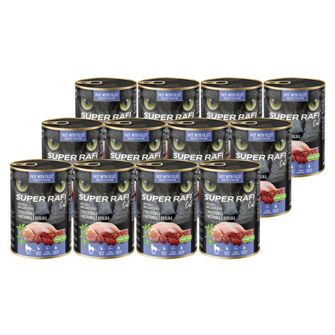 Karma mokra dla kotów Super Rafi Cat z przepiórką i wątróbką z królika zestaw 12 x 400 g