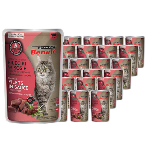 Super Benek Bezzbożowe fileciki dla kota gotowane na parze bogate w wołowinę, z pomidorami i ziołami w sosie zestaw 24 x 85 g