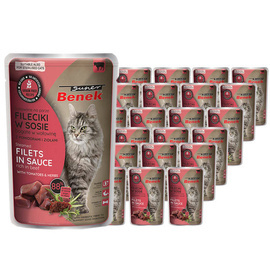 Super Benek Bezzbożowe fileciki dla kota gotowane na parze bogate w wołowinę, z pomidorami i ziołami w sosie zestaw 24 x 85 g