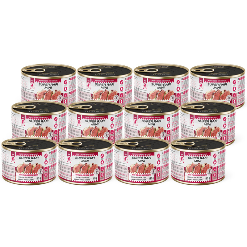 Super Rafi Mini Mokra karma dla psów małych ras z cielęciną i sercami z gęsi zestaw 12 x 185 g
