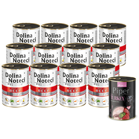 Mokra karma dla psa Dolina Noteci Premium bogata w wołowinę zestaw 12 x 400 g + Piper Animals z indykiem i brokułem 400 g Gratis