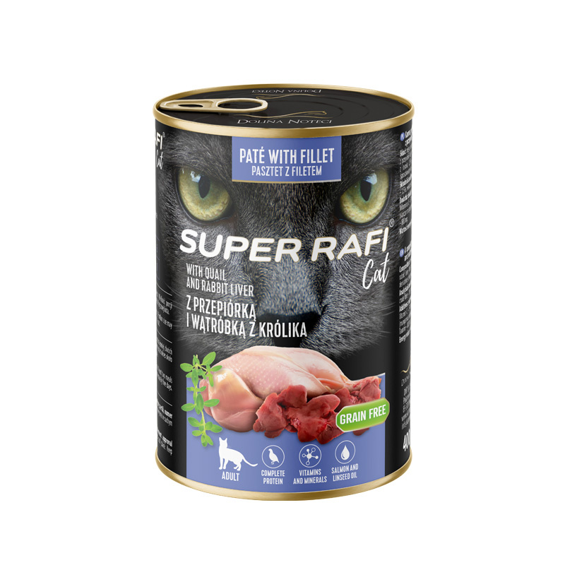 Karma mokra dla kotów Super Rafi Cat z przepiórką i wątróbką z królika 400 g