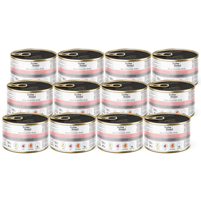 Mokra karma dla psów małych ras Dolina Noteci Premium z wołowiną, gruszką i burakiem zestaw 12 x 185 g