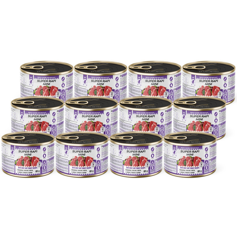 Super Rafi Mini Mokra karma dla psów małych ras z wołowiną i sercami z indyka zestaw 12 x 185 g