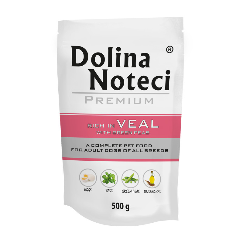 Mokra karma dla psa Dolina Noteci Premium bogata w cielęcinę z zielonym groszkiem saszetka 500 g
