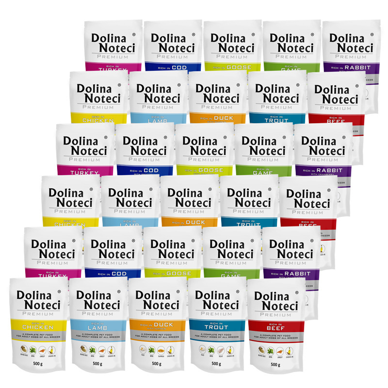 Mokra karma dla psa Dolina Noteci Premium zestaw mix smaków 30 x 500 g