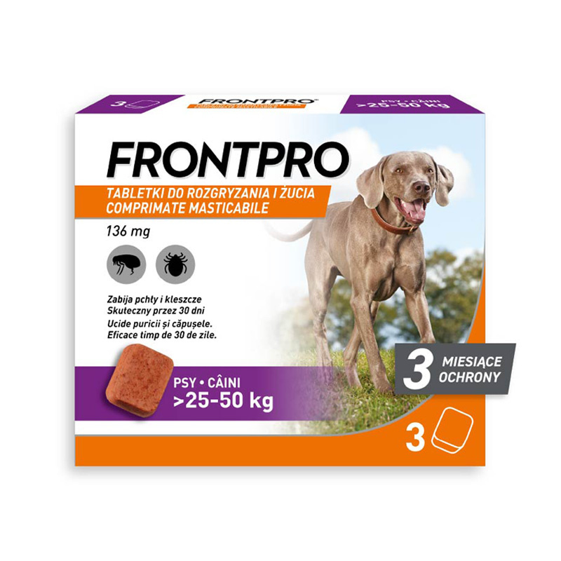 Frontpro Tabletka do rozgryzania i żucia przeciw pchłom i kleszczom dla psa >25-50 kg 3 szt. 136 mg