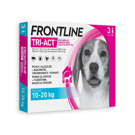 Frontline Tri-act Roztwór do nakrapiania przeciwko pchłom i kleszczom dla psów M 3 pipetki 2 ml