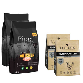 Karma sucha dla psa Piper Animals z kurczakiem worek 2 x 12 kg + Luger’s karma suszona dla psa bogata w kurczaka 2 x 1 kg