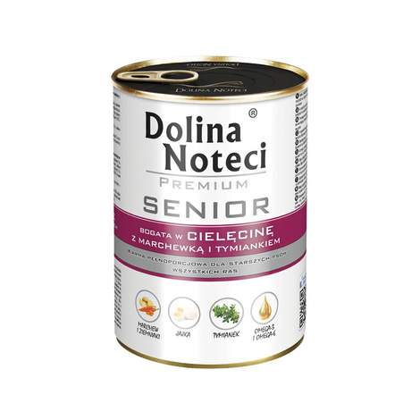 Mokra karma dla psa Dolina Noteci Premium Senior bogata w cielęcinę z marchewką i tymiankiem puszka 400 g